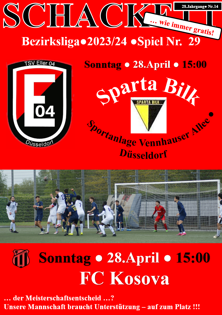 Vorschau auf das Meisterschaftsspiel gegen Sparta Bilk am Sonntag, 28.April - 15:00 Vennhauser Allee