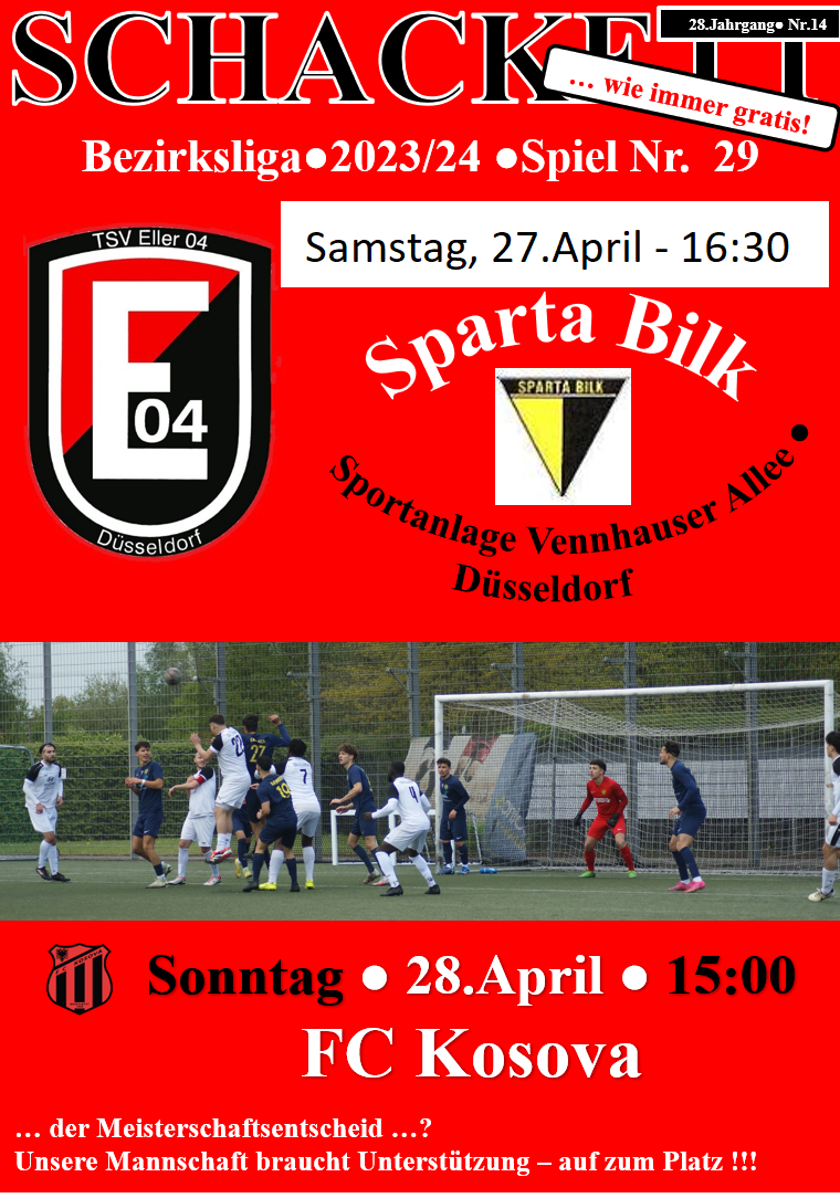 Vorschau auf das Meisterschaftsspiel gegen Sparta Bilk am Samstag, 27.April - 16:30 Vennhauser Allee