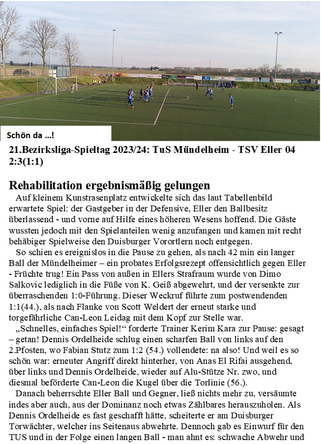 21.Bezirksliga-Spieltag 2023/24: TuS Mündelheim - TSV Eller 04 2:3(1:1)