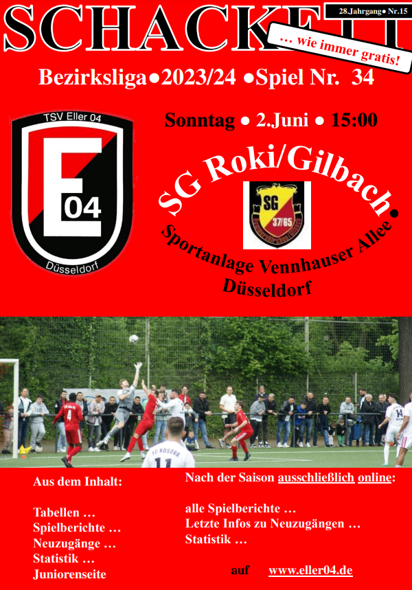 Vorschau auf das letze Meisterschaftsspiel der Saison gegen SG Rommerskirchen-Gilbach am Sonntag, 2.Juni - 15:00 Vennhauser Allee - nur online!