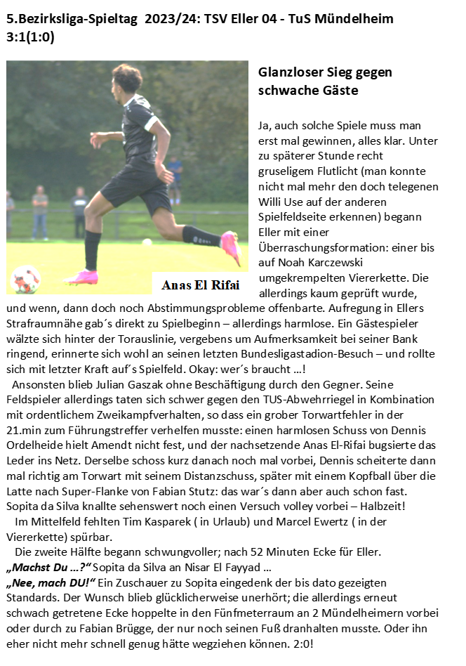 5.Bezirksliga-Spieltag  2023/24: TSV Eller 04 - TuS Mündelheim 3:1(1:0)