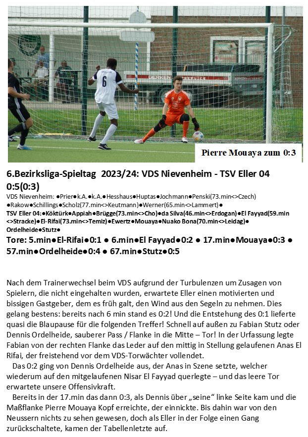 6.Bezirksliga-Spieltag  2023/24: VDS Nievenheim - TSV Eller 04 0:5(0:3)