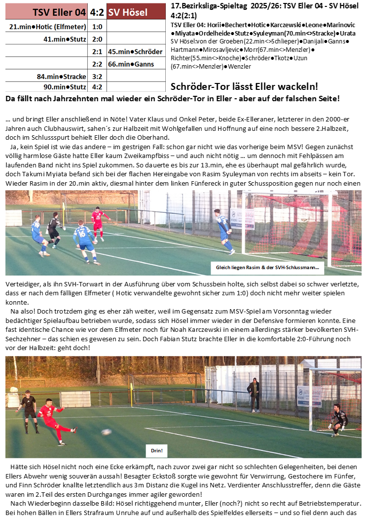 17.Bezirksliga-Spieltag  2025/26: TSV Eller 04 - SV Hösel 4:2(2:1)