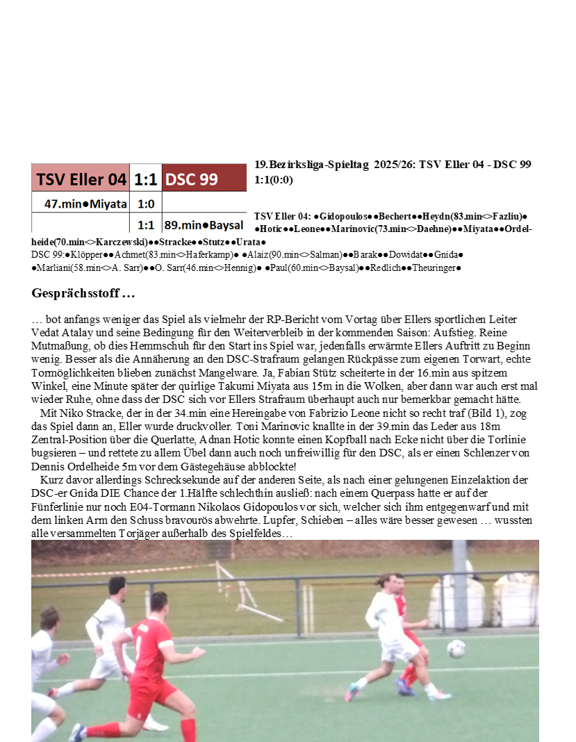 19.Bezirksliga-Spieltag  2025/26: TSV Eller 04 - DSC 99 1:1(0:0)