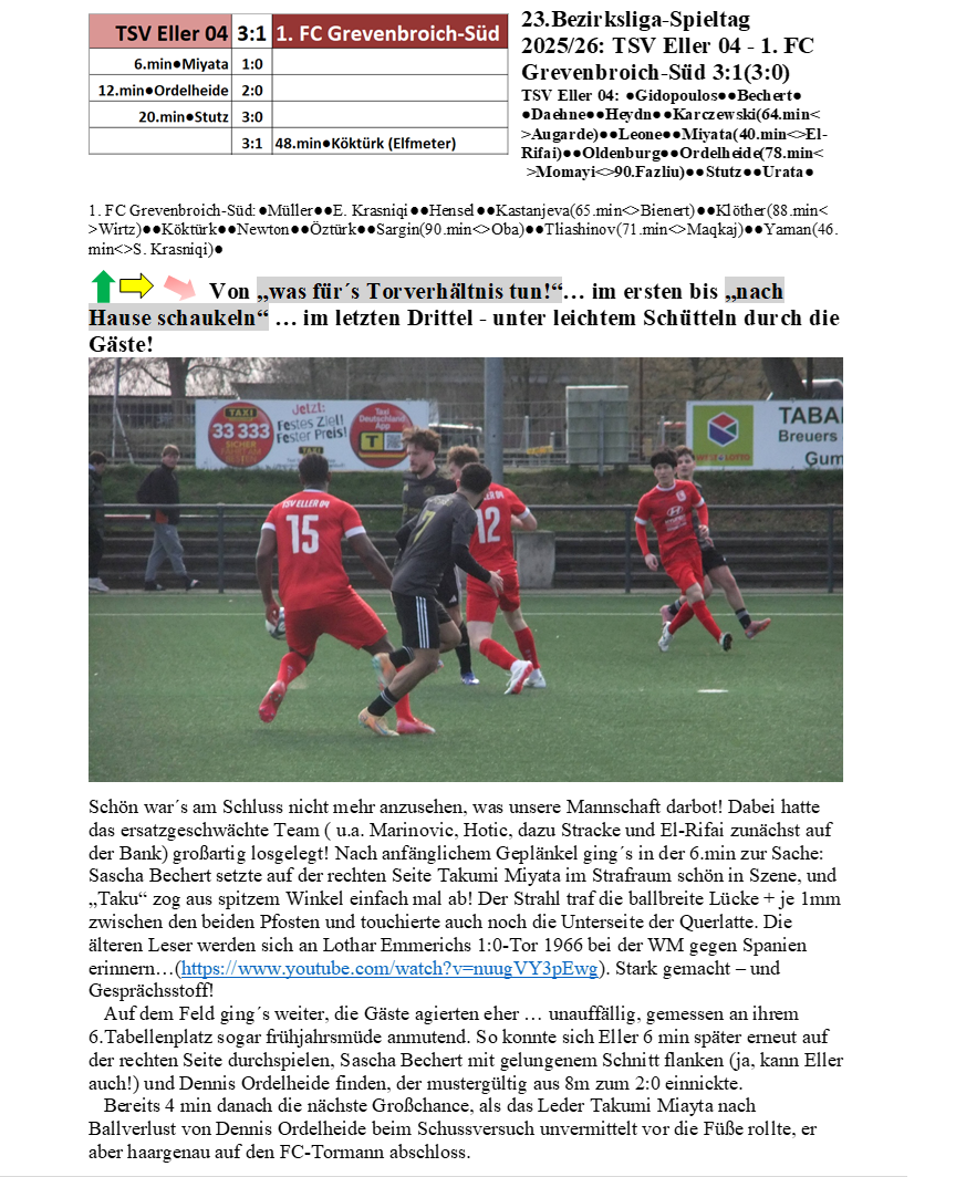 23.Bezirksliga-Spieltag  2025/26: TSV Eller 04 - 1. FC Grevenbroich-Süd 3:1(3:0)