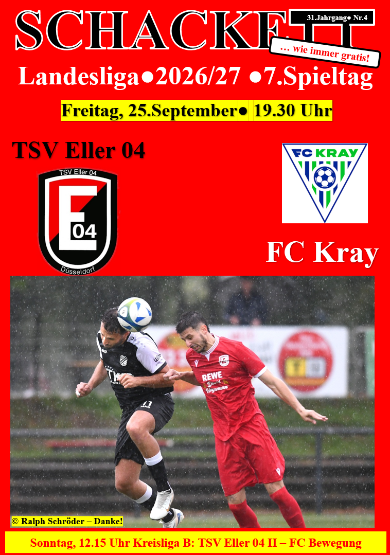 Vorschau auf das Landesliga-Heimspiel TSV Eller 04 - FC Kray am FREITAG, 25.September um 19:30 Uhr