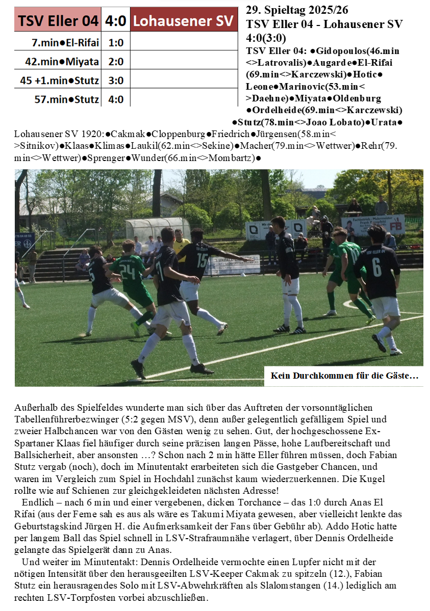 29. Spieltag 2025/26 TSV Eller 04 - Lohausener SV  4:0(3:0)