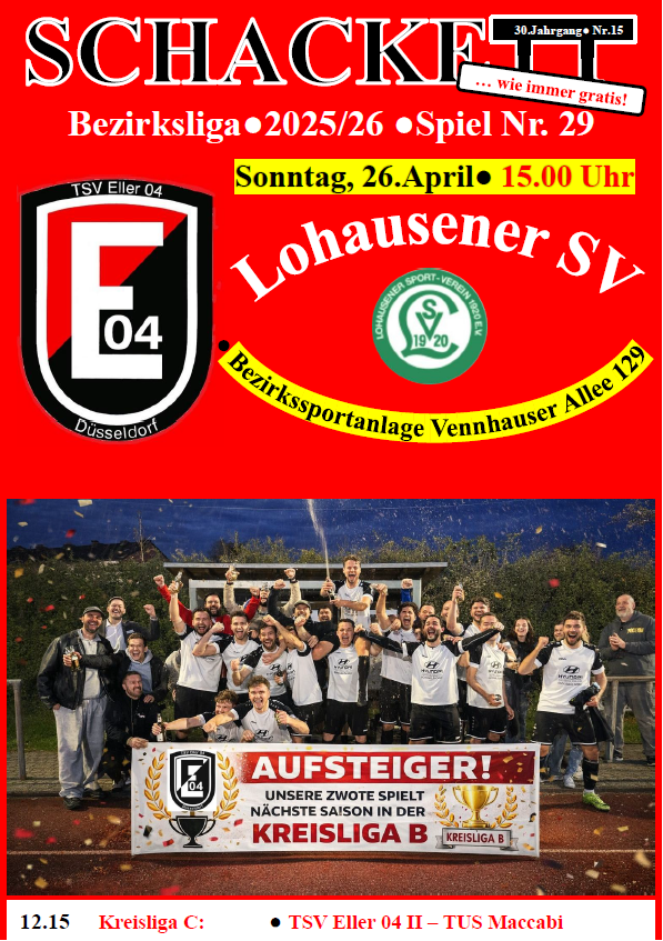 Vorschau auf das kommende Meisterschaftsspiel: TSV Eller 04 - Lohausener SV am Sonntag, 26.April - 15.00 Uhr