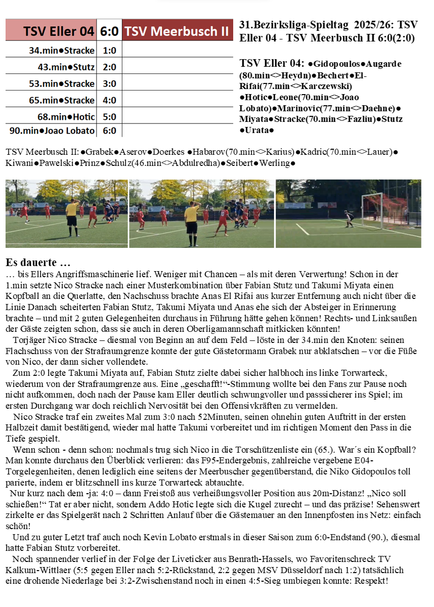 31.Bezirksliga-Spieltag  2025/26: TSV Eller 04 - TSV Meerbusch II 6:0(2:0)