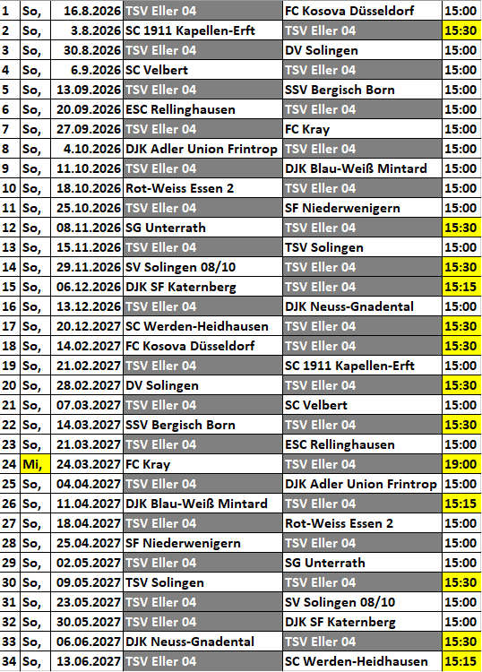 Der Landesligaspielplan unserer ersten Mannschaft in der Saison 2026/27