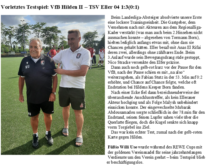Vorletztes Testspiel: VfB Hilden II – TSV Eller 04 1:3(0:1)