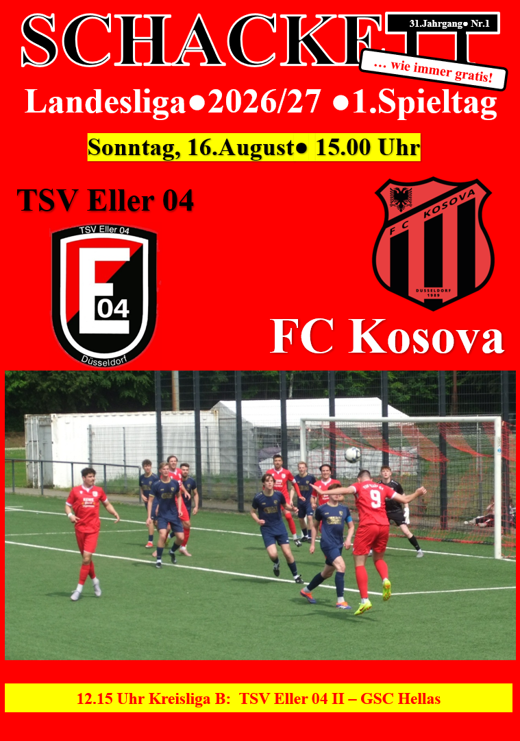 Vorschau auf das Landesliga-Auftaktspiel TSV Eller 04 - FC Kosova am Sonntag, 16.8.2026 - 15.00 Uhr