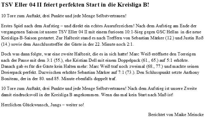 TSV Eller 04 II feiert perfekten Start in die Kreisliga B!