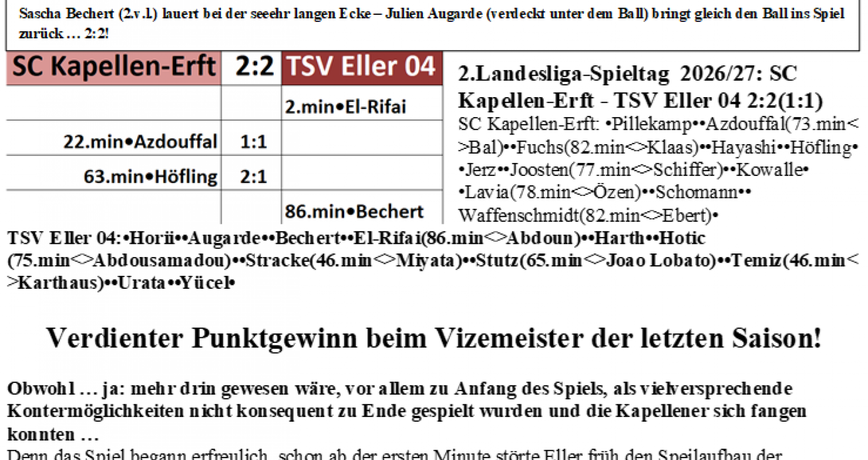 2.Landesliga-Spieltag  2026/27: SC Kapellen-Erft - TSV Eller 04 2:2(1:1)