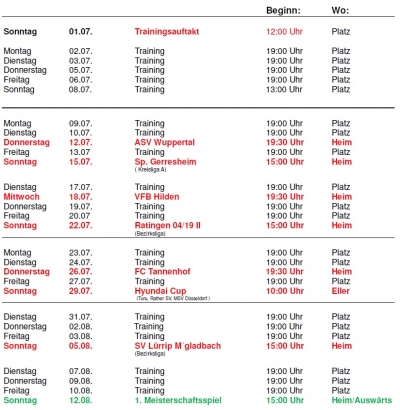 Die neue Saison 2018/19: Vorbereitungsplan der 1.Mannschaft und Gruppeneinteilung